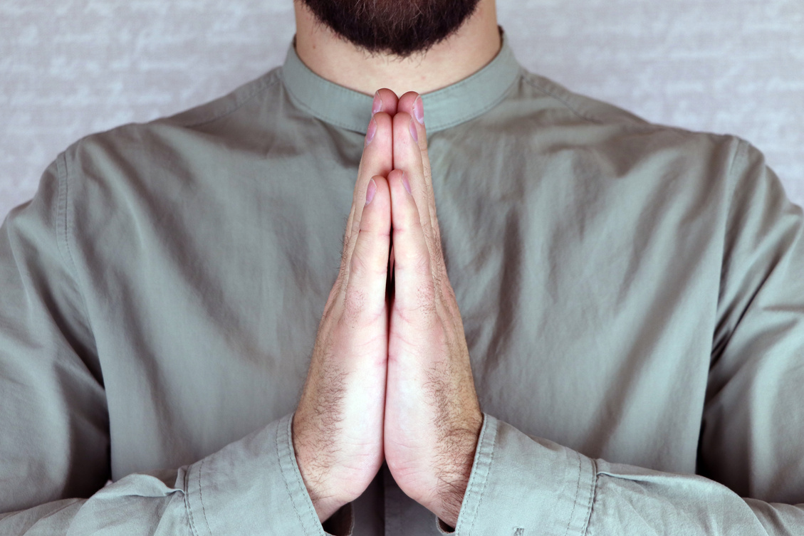 Anjali mudra. Yogic hand gesture. Hand spirituality hindu yoga of fingers gesture.